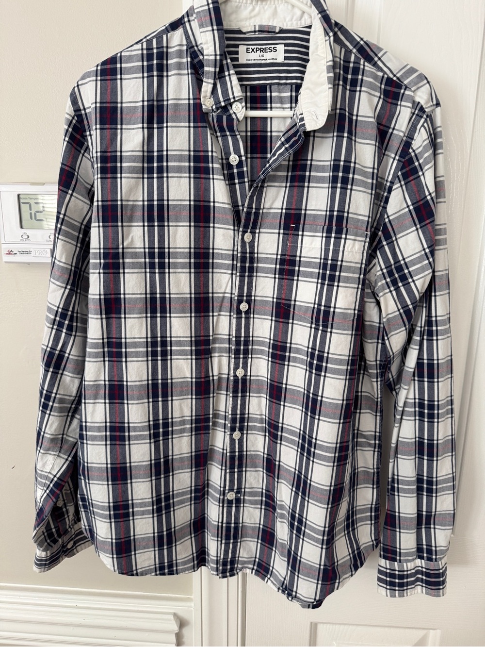 Express Men’s Navy, White & Red Plaid Button-Down Shirt